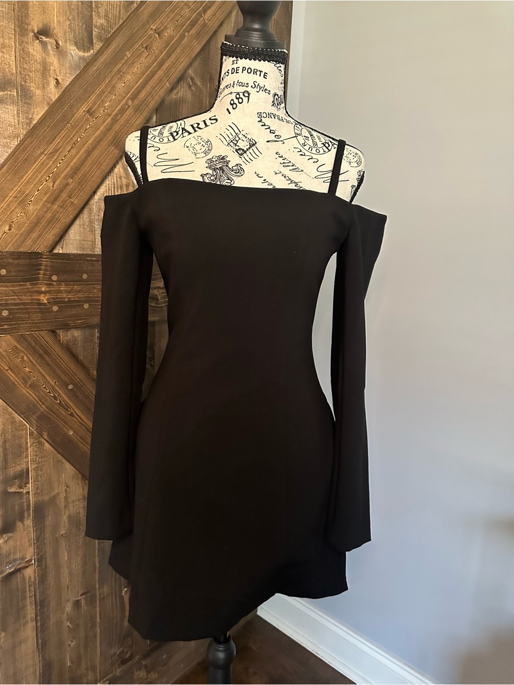 French Connection Black Off-Shoulder Long Sleeve Mini Dress